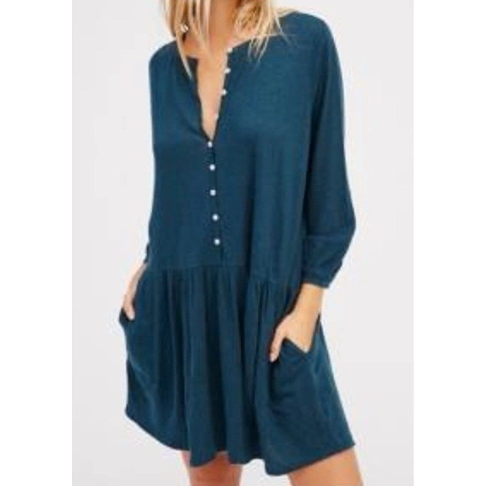 Free People Beach Take Me There Teal Linen Blend Button Tiered Mini Dress Sz S - Picture 1 of 7
